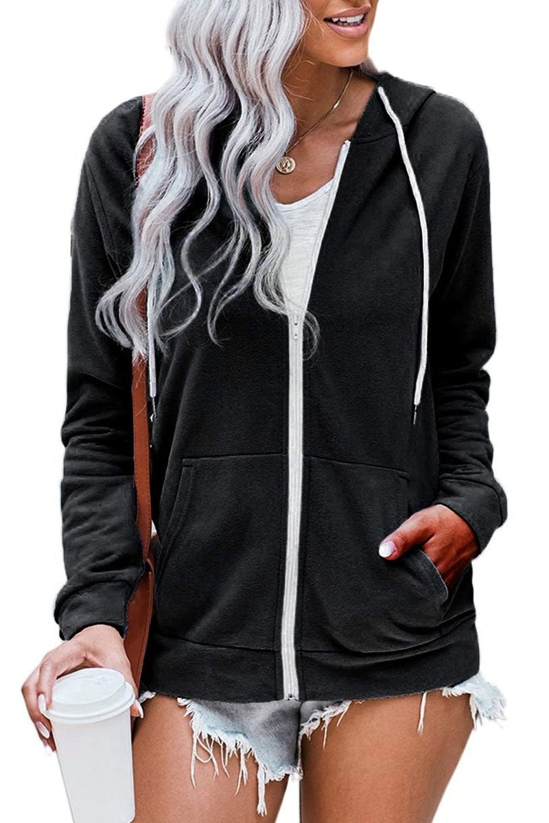 WROLEM Women Casual Zip Up Hoodie Lightweight Comfy Loose Long Sleeve Sweatshirt Solid Color With Pockets Black - Image 1
